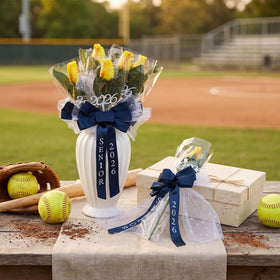 Suncalla graduation centerpiece featuring softball rose and bow