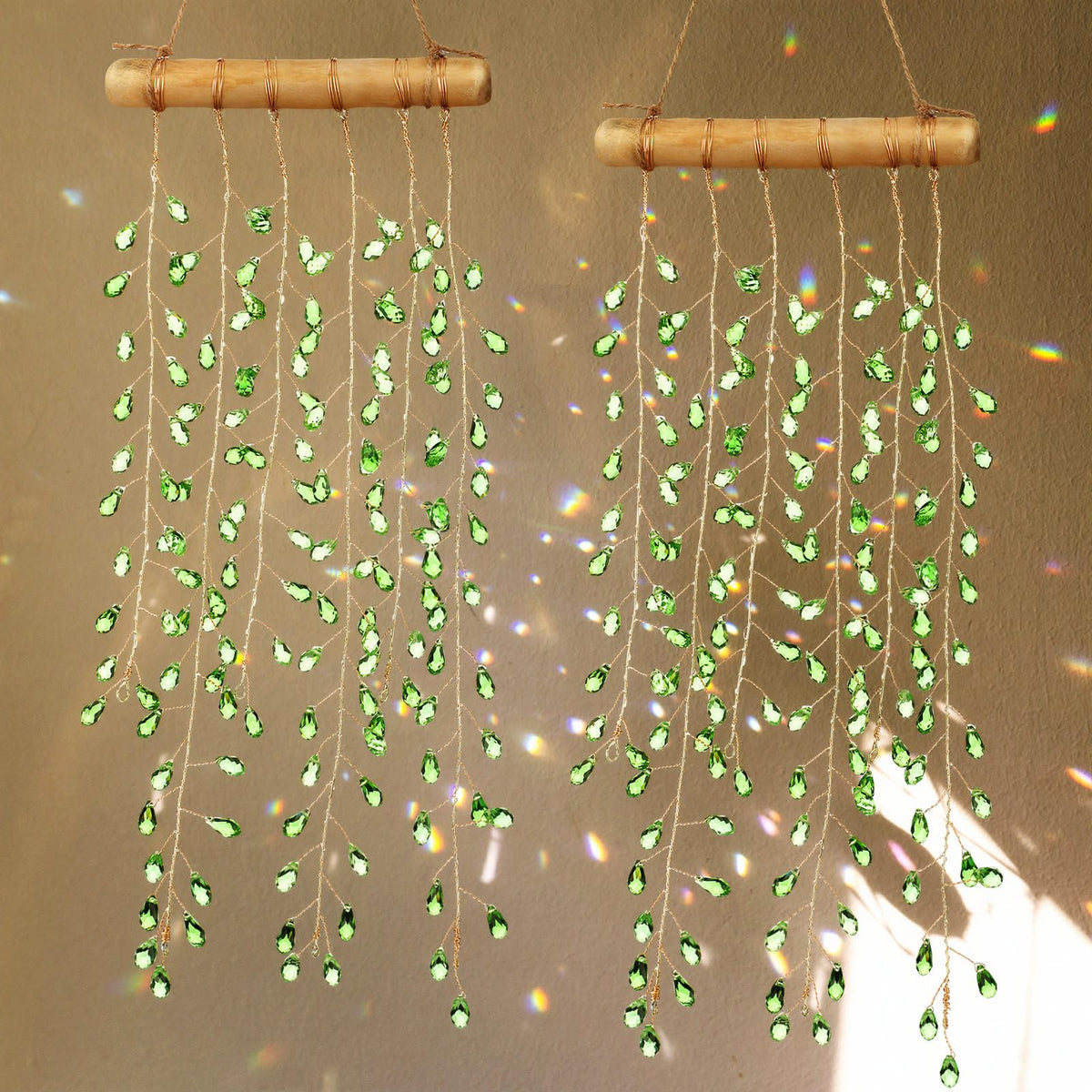 Suncalla green crystal suncatcher casts gentle rainbows indoors