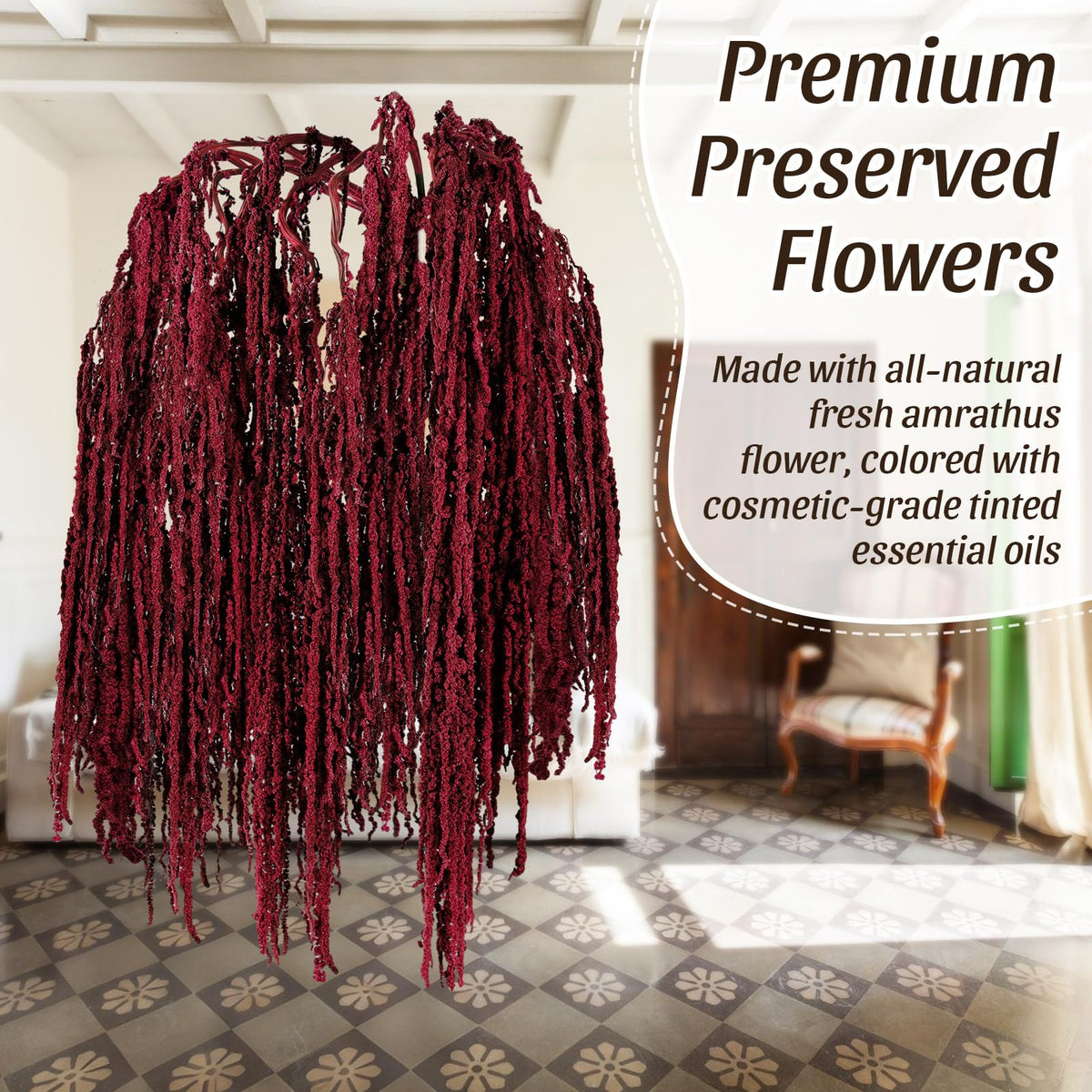 Suncalla dried amaranthus adds a dramatic focal point to photoshoots.