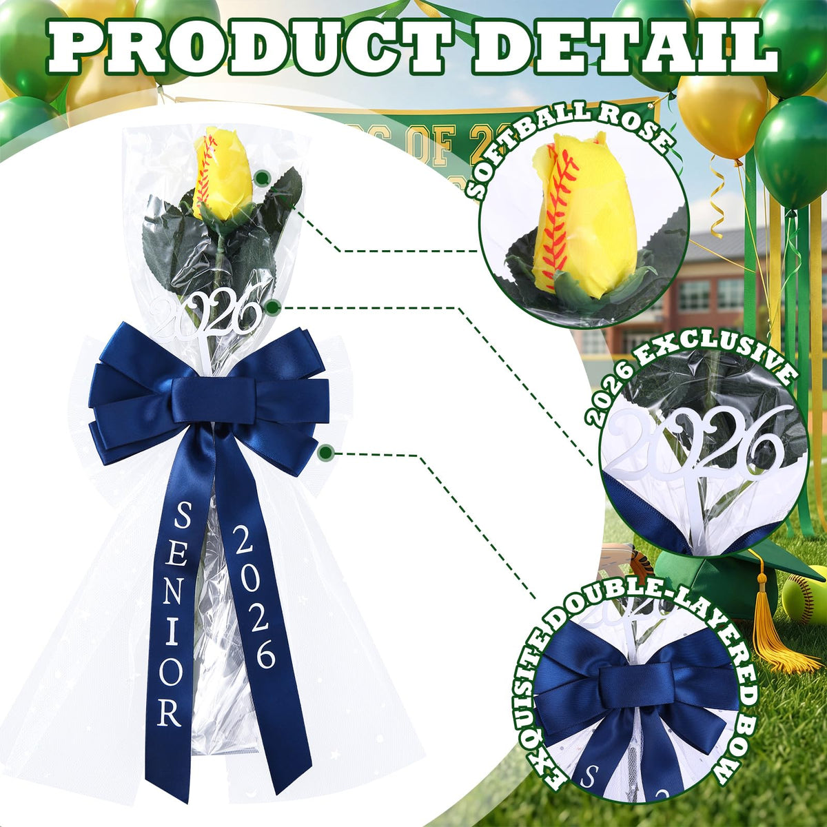 Suncalla softball rose with bow held for graduation night celebration
