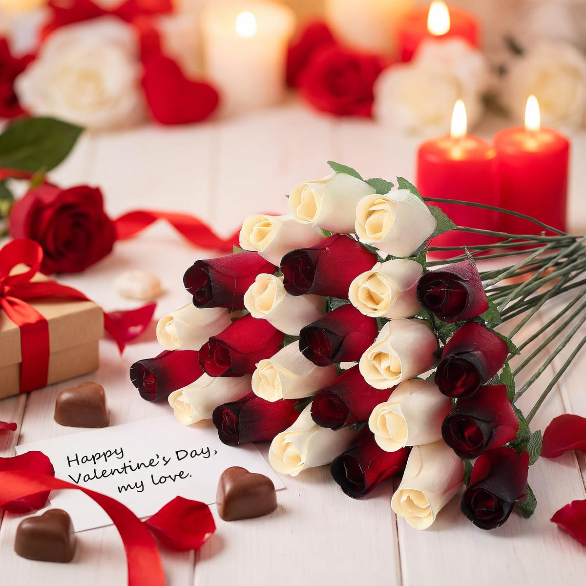 Suncalla wooden rose holiday décor in red and white for festive ambiance