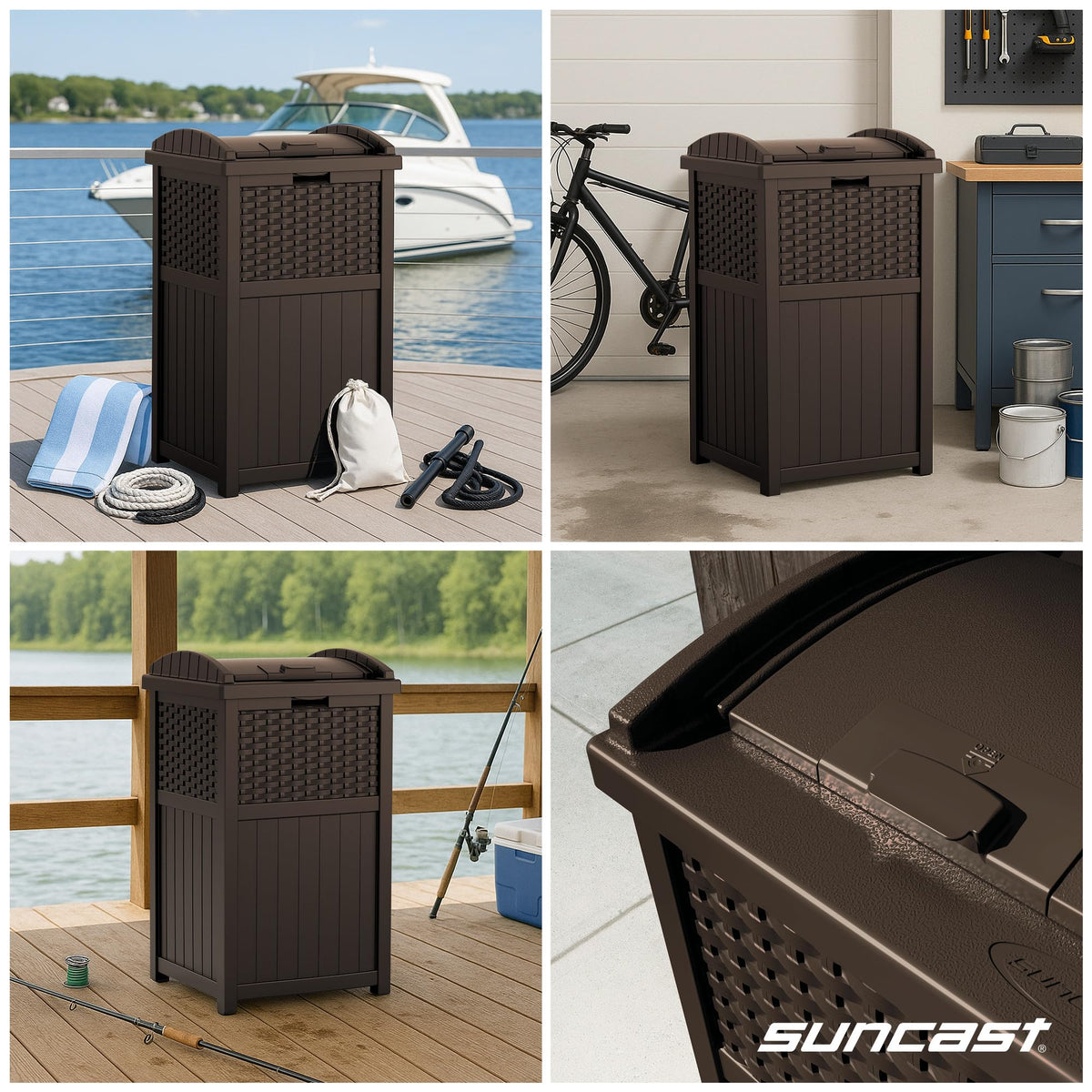 Suncast compatibility with 30–33 gallon bags simplifies outdoor cleanup