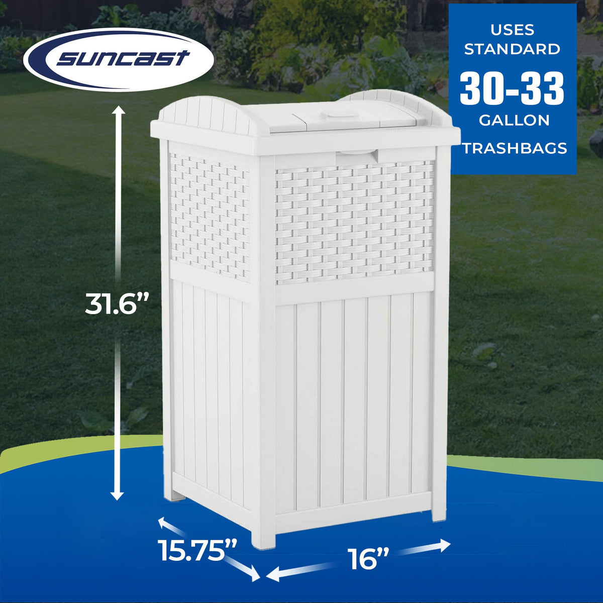 Suncast 33-gallon durable plastic trash bin fits standard bags.