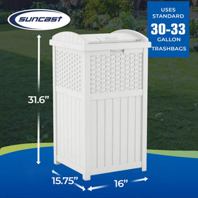 Suncast 33-gallon durable plastic trash bin fits standard bags.