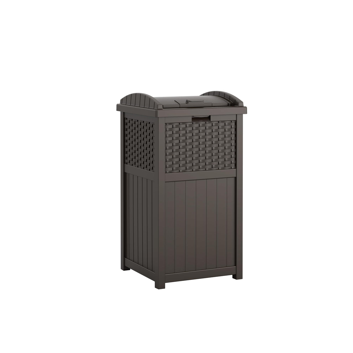 Suncast 33-gallon resin outdoor trash can hideaway with lid blending with patio decor
