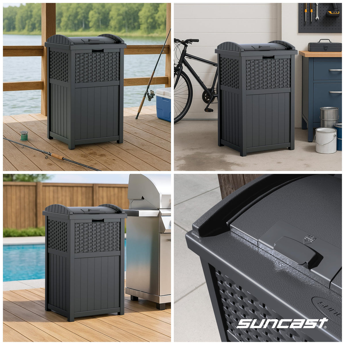 Suncast 33-gallon trash can dimensions 16w x 15.75d x 31.7h.