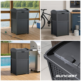 Suncast 33-gallon trash can dimensions 16w x 15.75d x 31.7h.