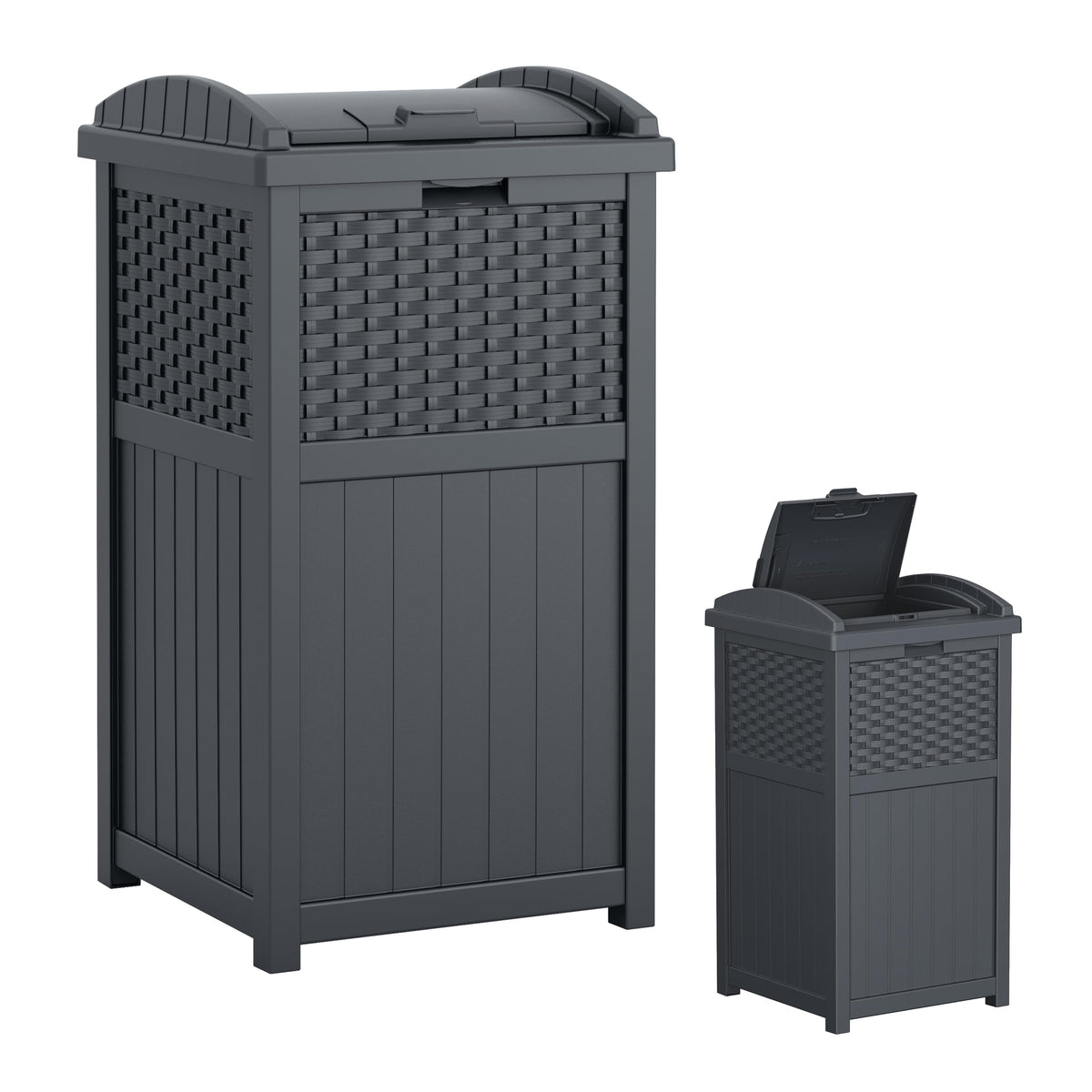 Suncast 33-gallon wicker-style trash can for outdoor patios with decorative storage.