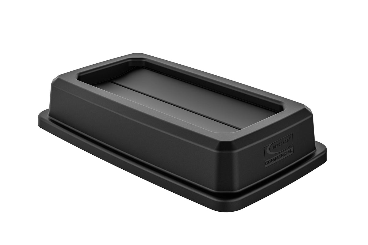 Suncast Commercial resin lid with double flip top enhances easy waste disposal on 23-gallon slim trash can.