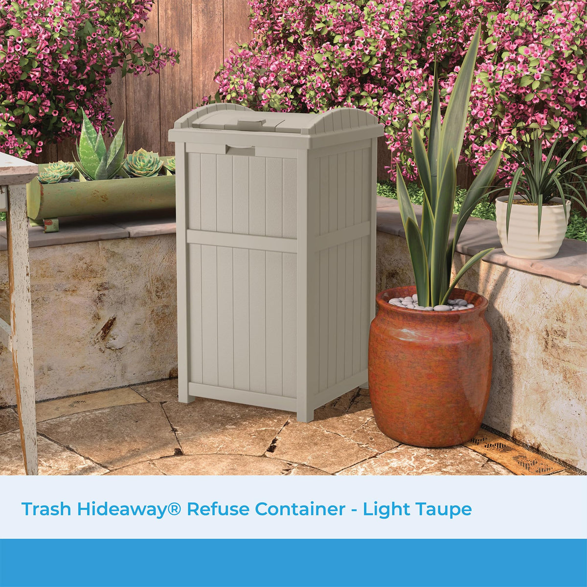 Suncast Hideaway decorative wicker-style exterior enhances patio aesthetics.
