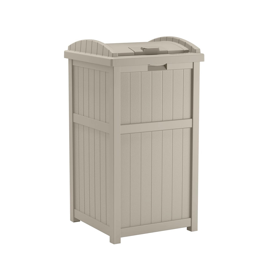 Suncast Hideaway outdoor trash can lid provides pest protection.