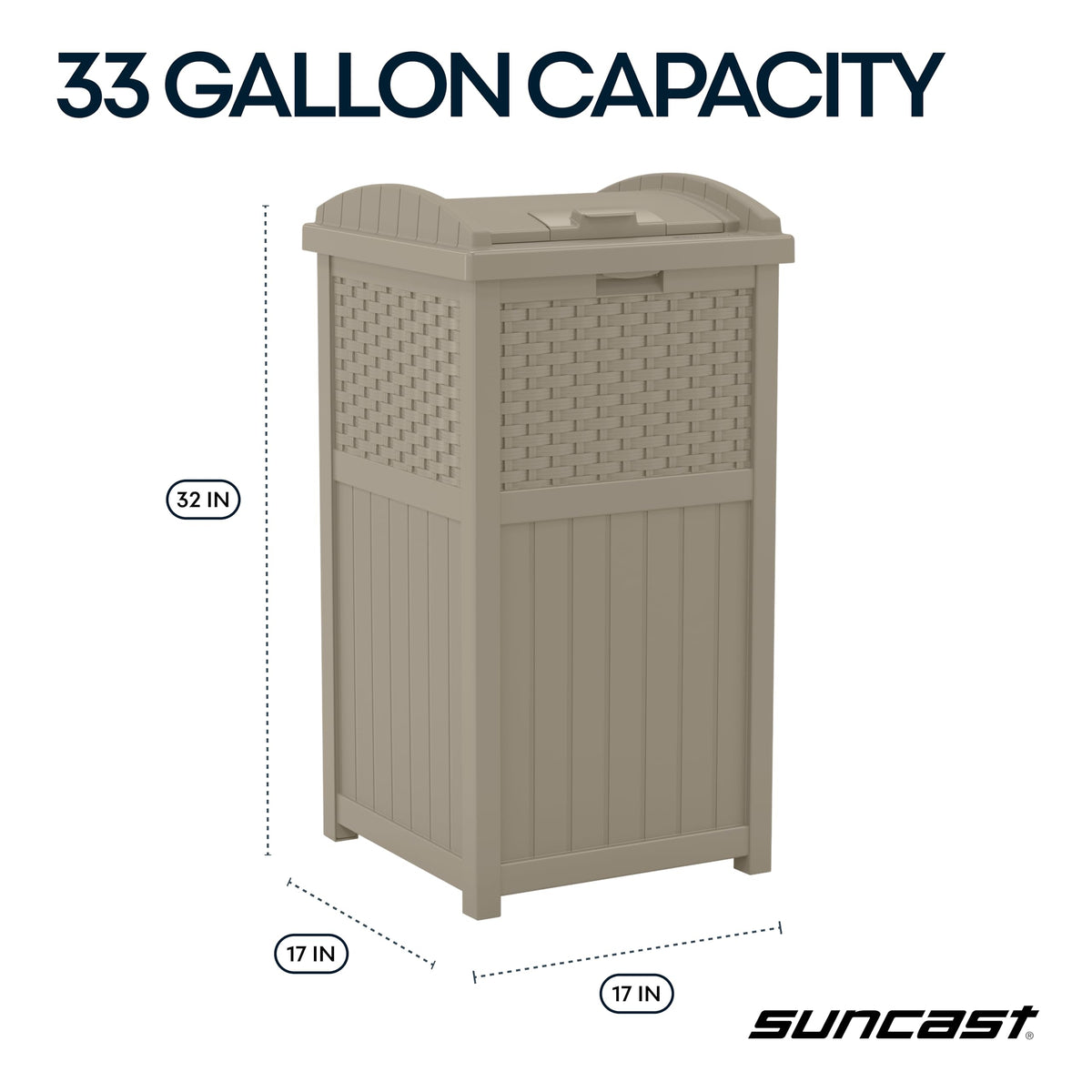 Suncast Hideaway fits standard 30-33 gallon bags for easy cleanup.