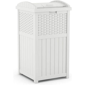 Suncast Hideaway trash can with lid blends with patio decor and keeps garbage hidden.
