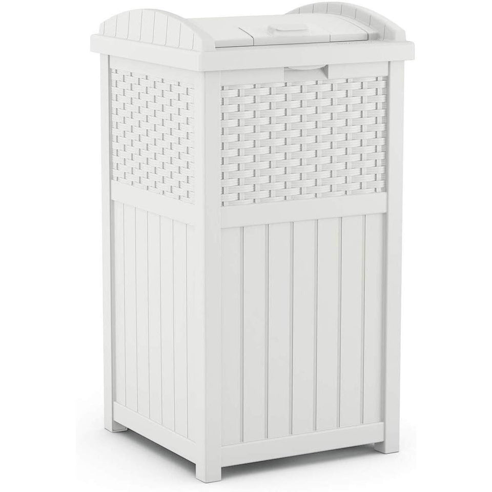 Suncast Hideaway trash can with lid blends with patio decor and keeps garbage hidden.