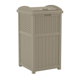 Suncast Hideaway wicker-lid trash can blends with outdoor décor and hides waste.