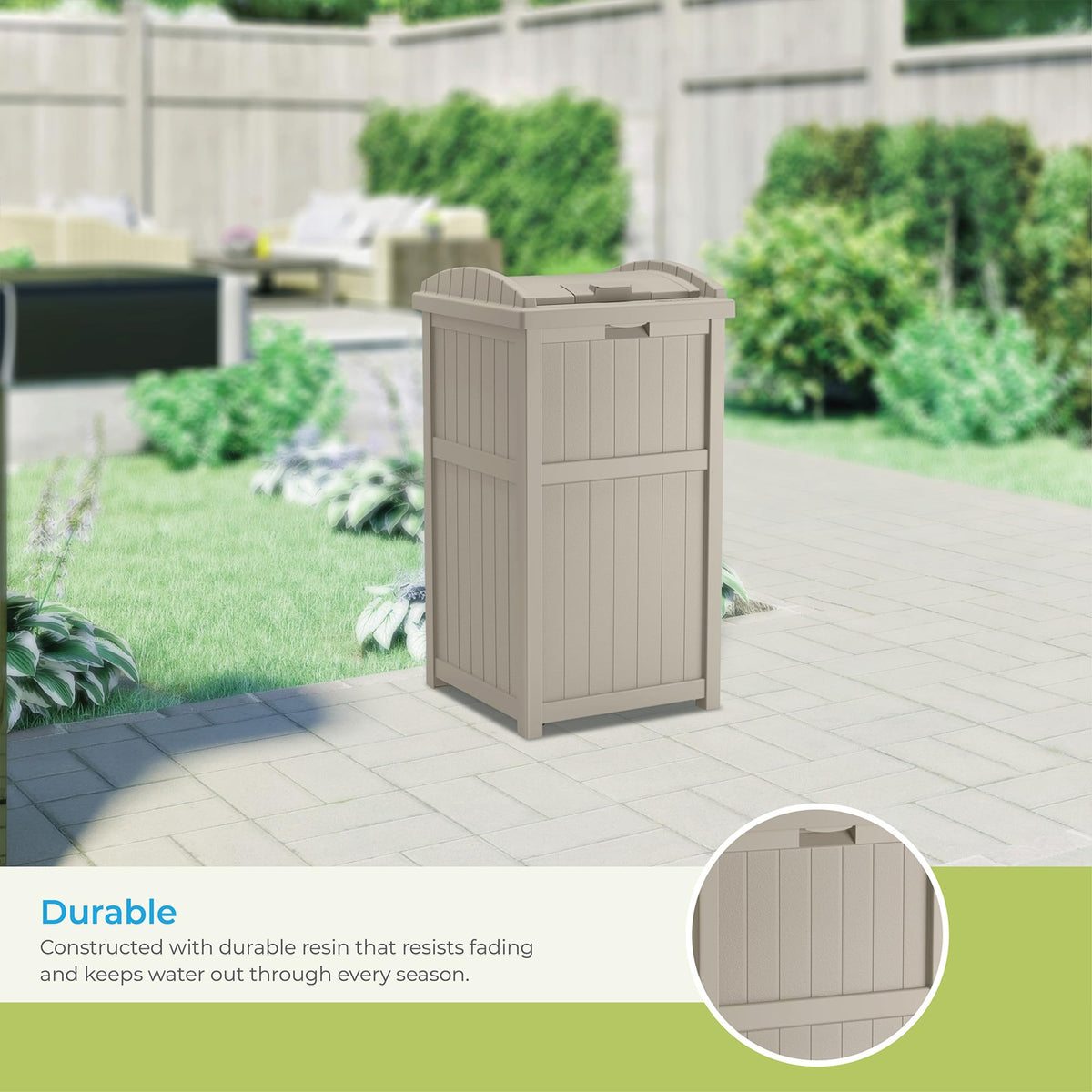 Suncast Hideaway weather-resistant resin withstands rain and sun.
