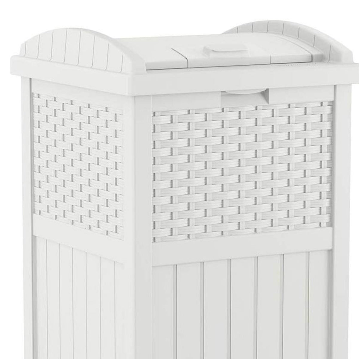 Suncast lid shuts securely to keep odors contained outdoors.