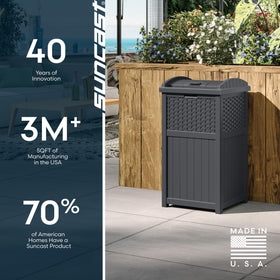 Suncast made-in-the-USA outdoor trash can for durable use.