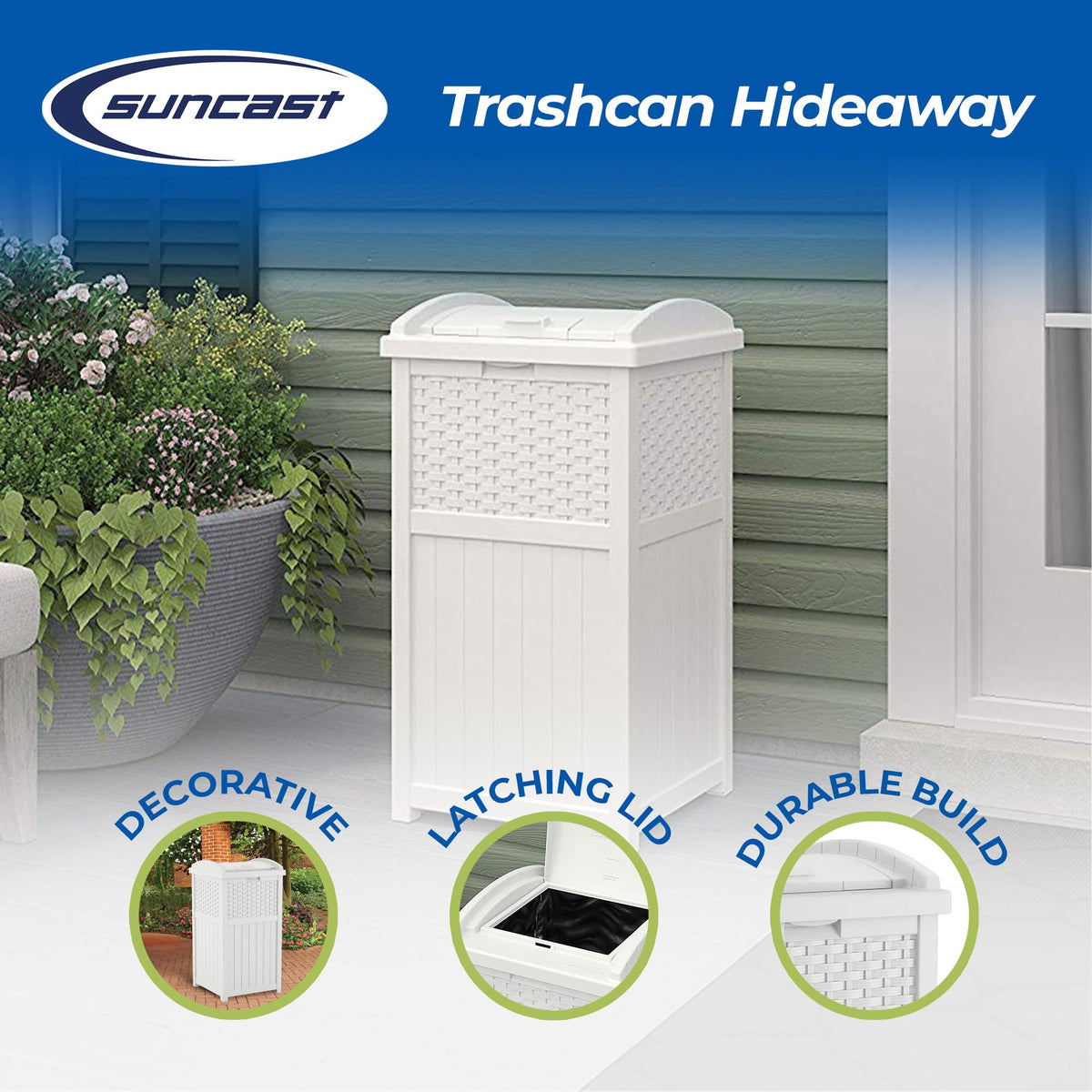 Suncast outdoor trash bin with secure latch lid protects against pests and rain.