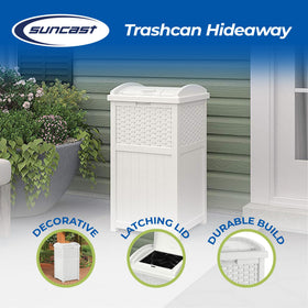 Suncast outdoor trash bin with secure latch lid protects against pests and rain.