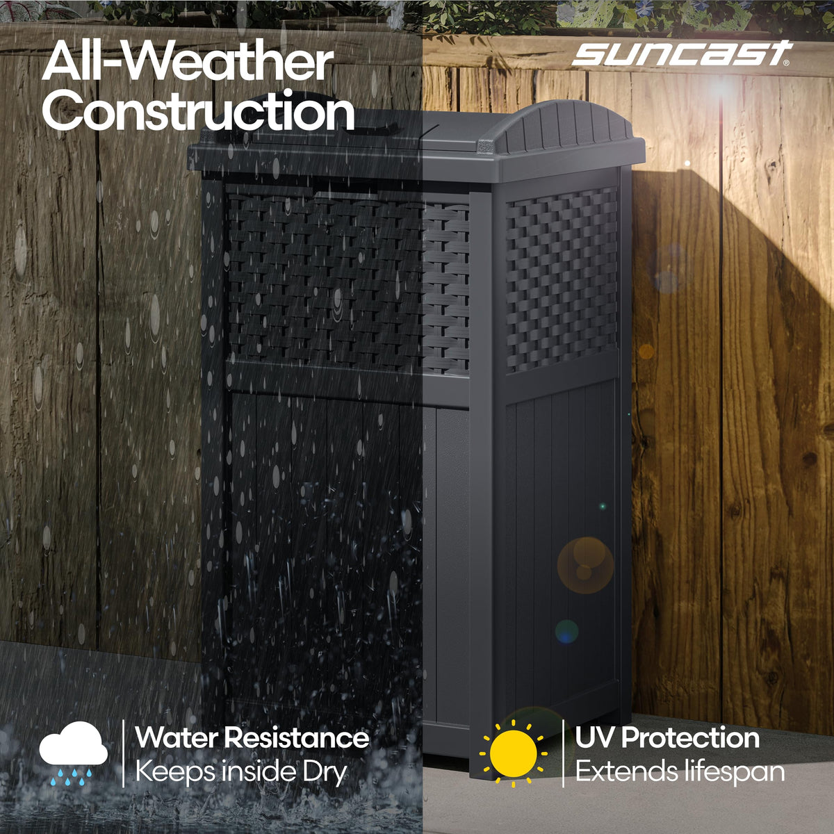 Suncast weatherproof design withstands sun and rain.