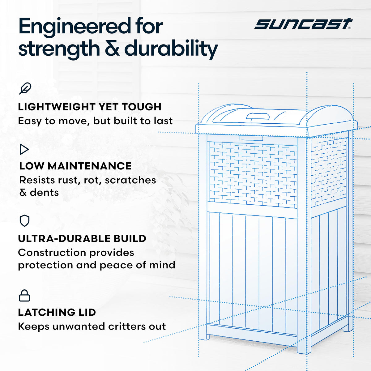 Suncast outdoor can conceals waste in decks and patios.