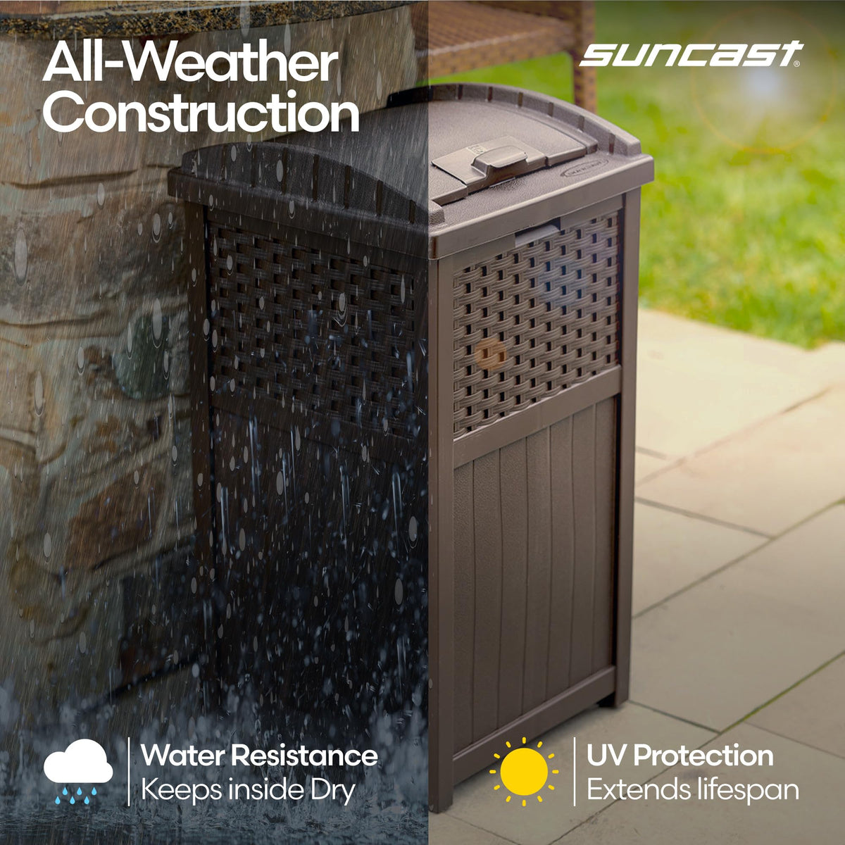 Suncast patio and garden trash storage for outdoor spaces