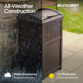 Suncast patio and garden trash storage for outdoor spaces