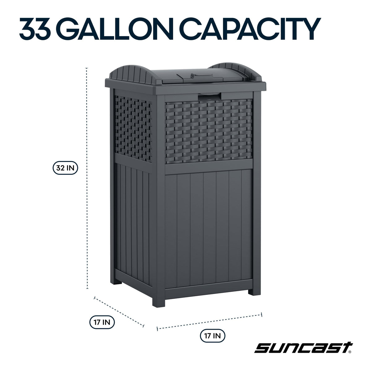 Suncast weather-resistant resin trash can resists cracking and fading.