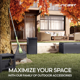 Suncast wicker-inspired look blends with garden spaces.