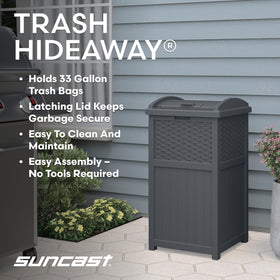 Suncast wicker-style trash can with a latched lid to deter pests.
