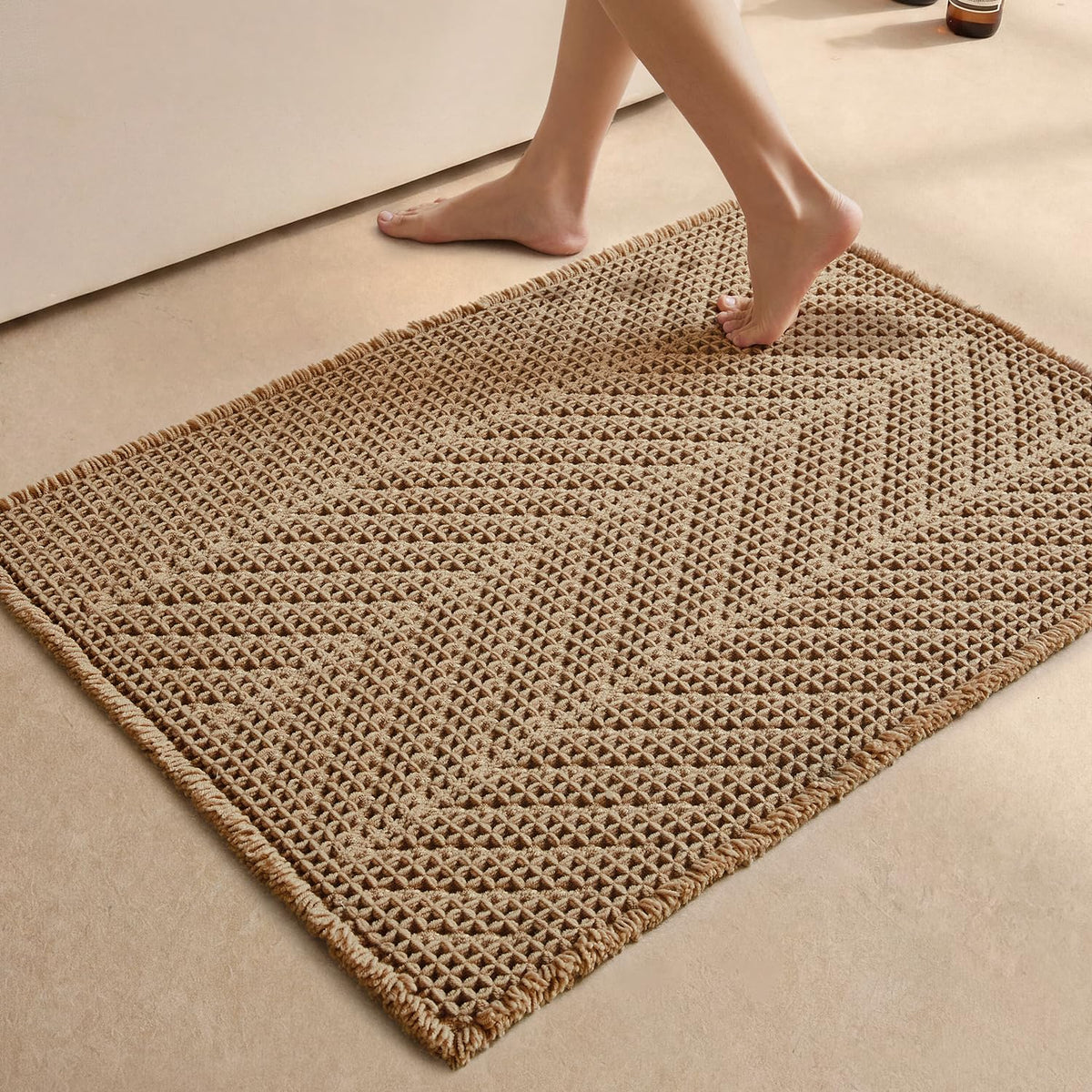 Sunfly Boho bathroom rug with herringbone waffle texture adds elegant bath decor.