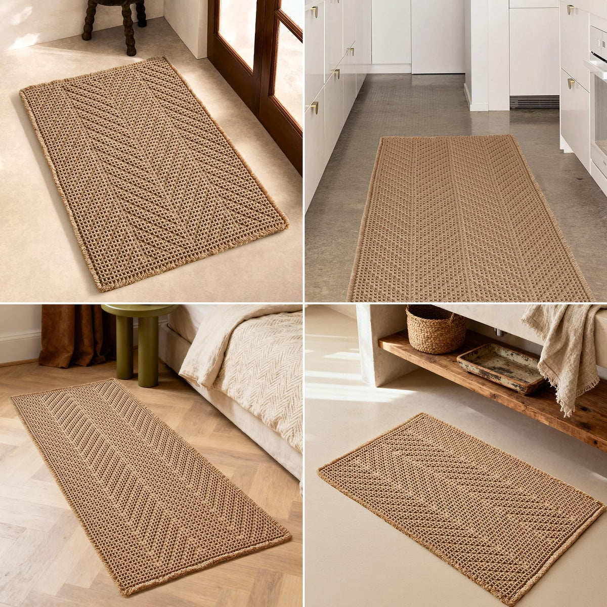 Sunfly boho rug suitable for bathrooms, kitchens, and entryways.
