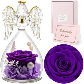 Sunia angel figurine with preserved rose in glass dome, a lasting keepsake