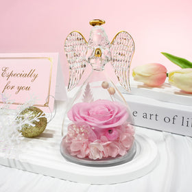 Sunia glass dome protects the angel while keeping the rose visible.