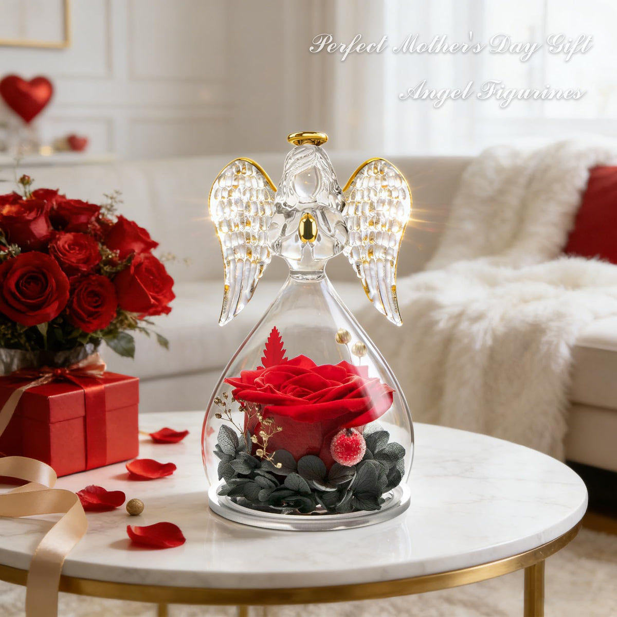 Sunia preserved rose in glass dome preserves color and beauty.