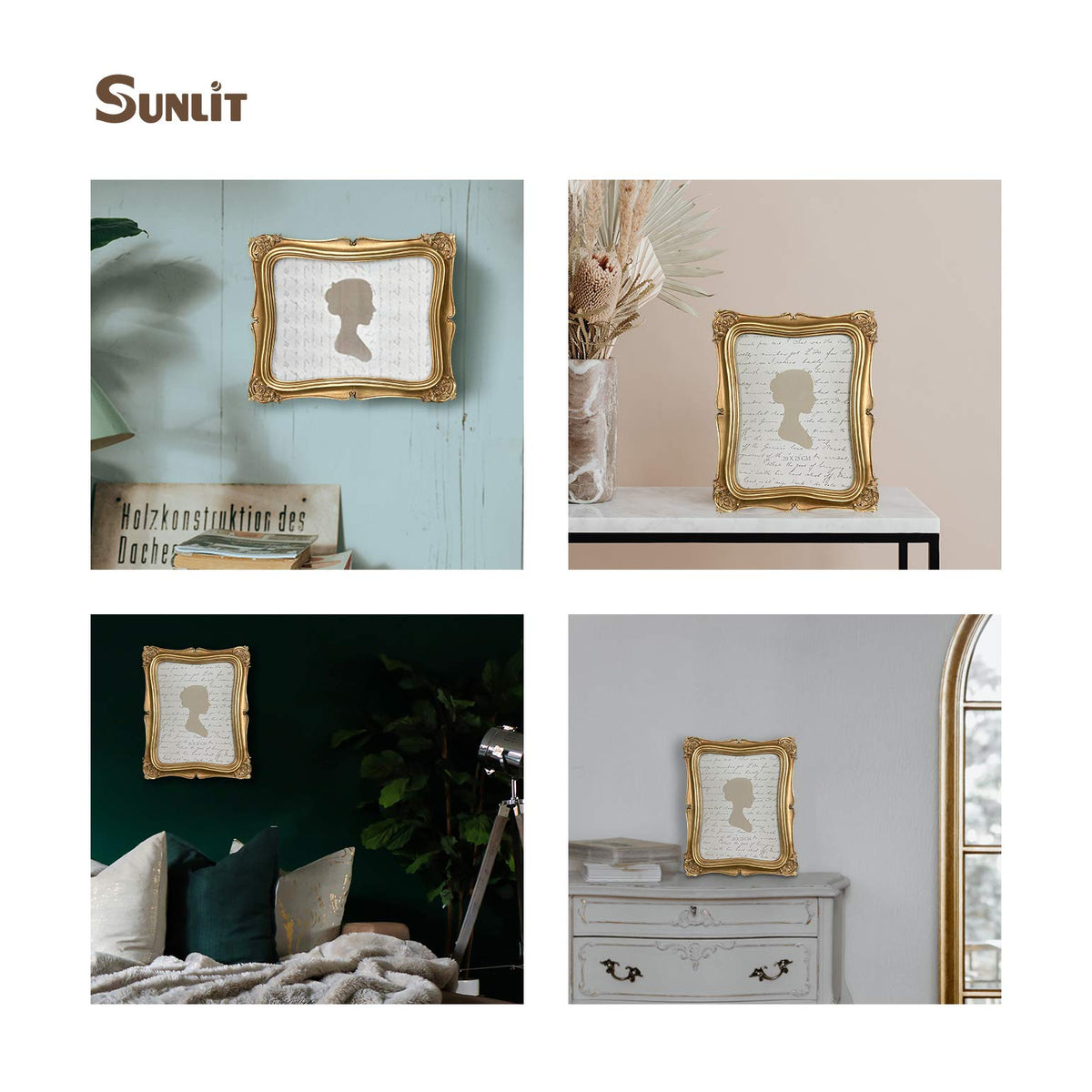 Sunlit Vintage Frame features stain-resistant glass protecting photos.