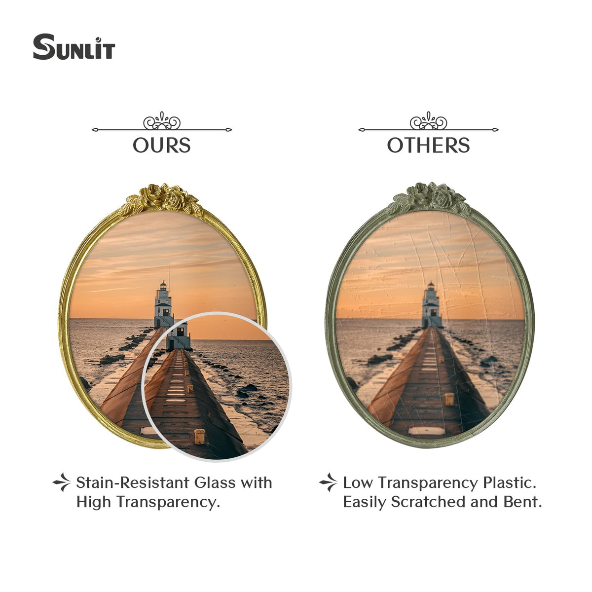 Sunlit Vintage Frame glass front protects memories with clear, glare-free viewing.