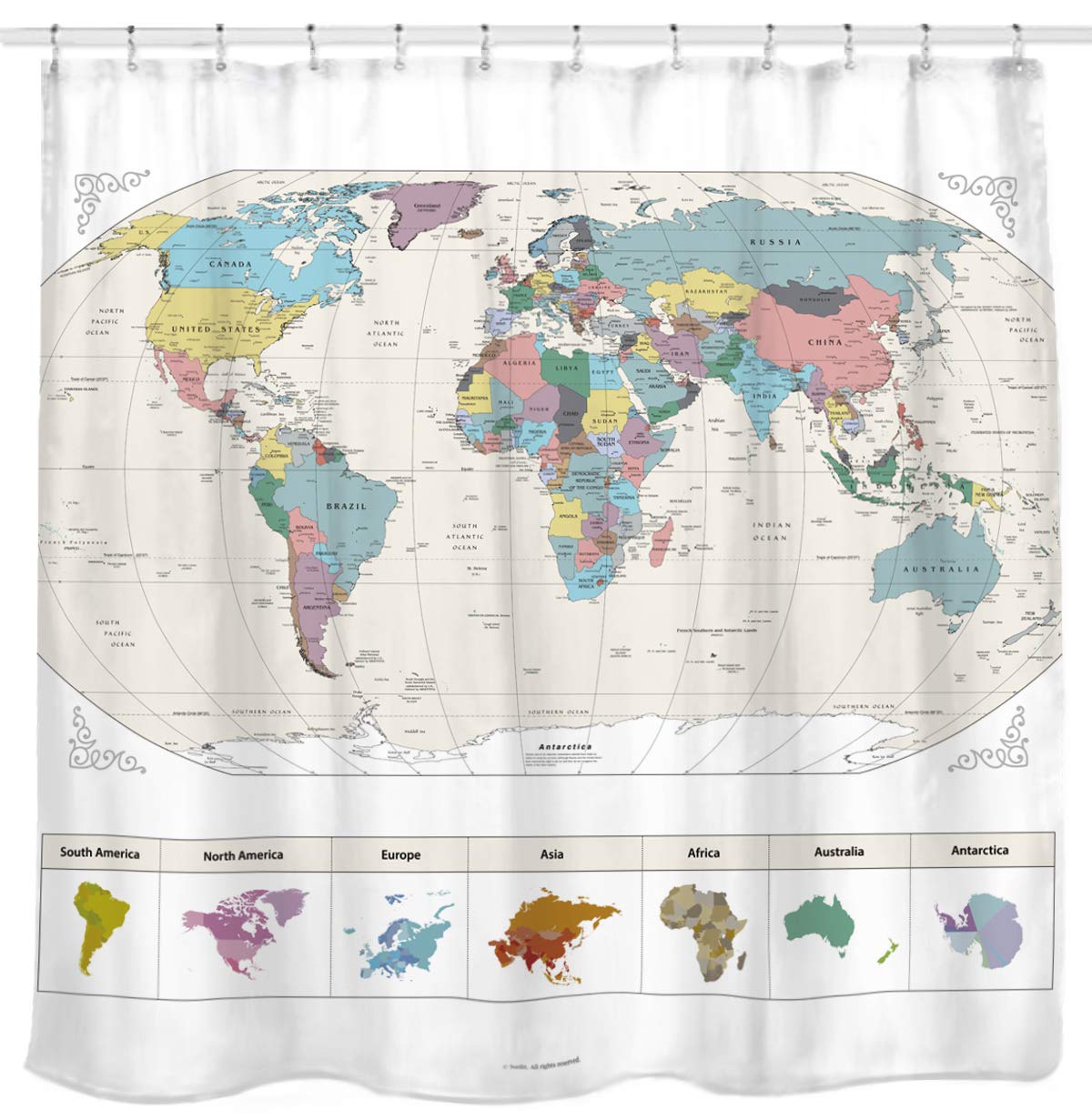 Sunlit world map shower curtain with detailed cities for focal bathroom decor.