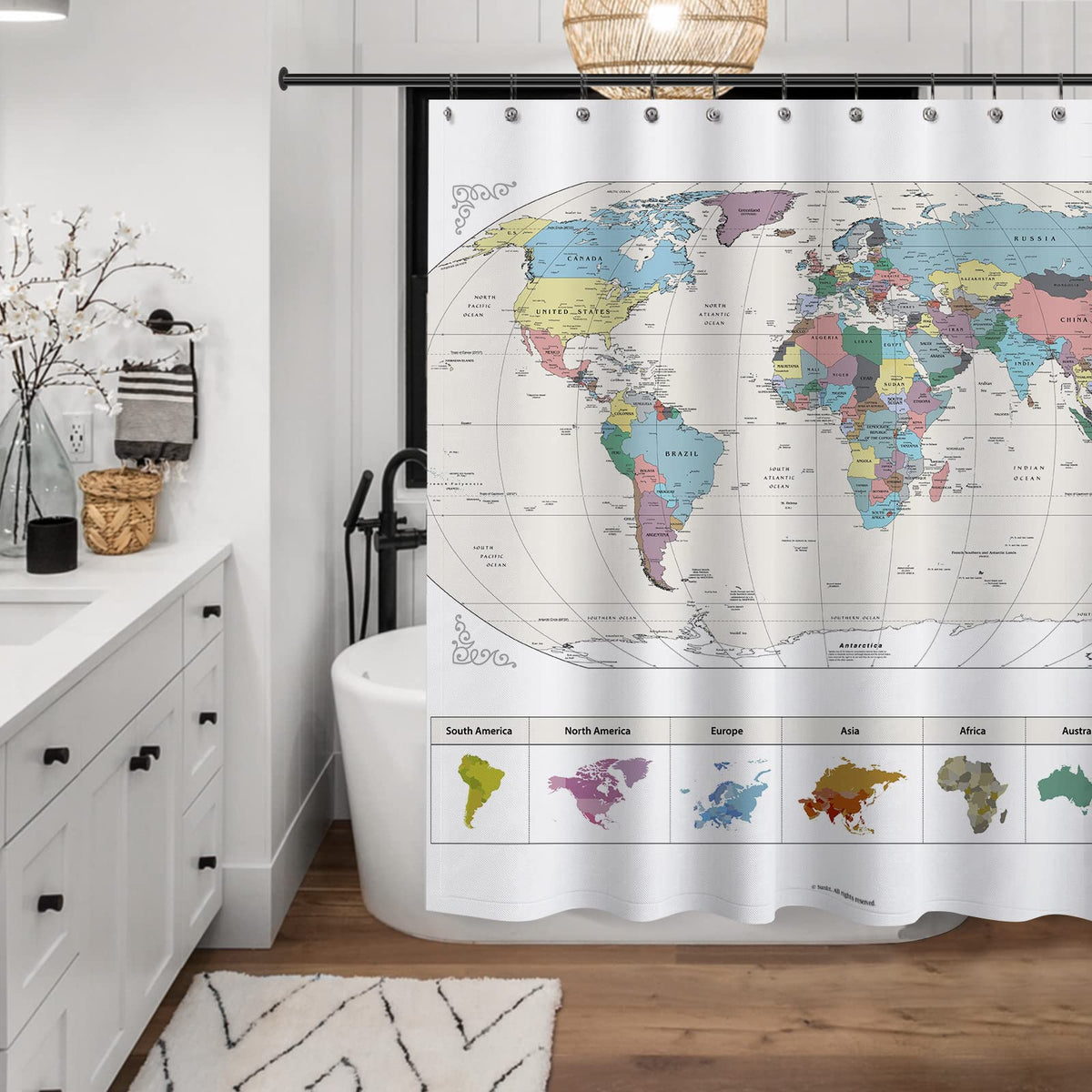 Sunlit privacy and decorative shower curtain ideal for shared baths.