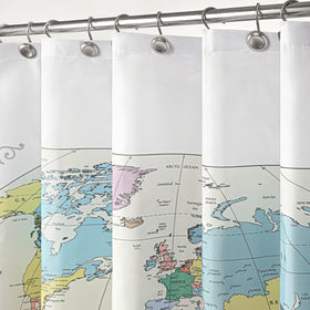 Sunlit water-repellent fabric curtain keeps bathroom dry and easy to clean.