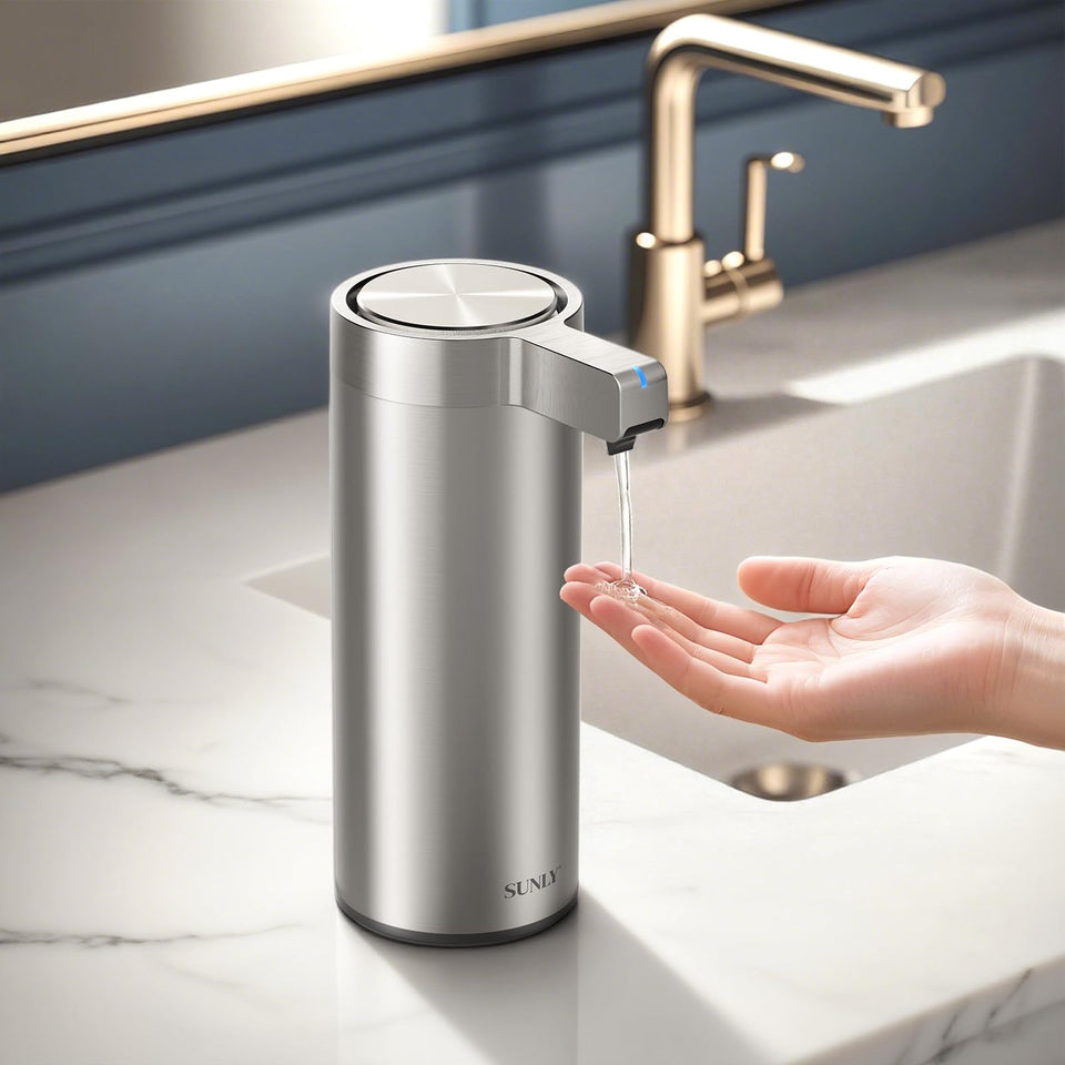 SUNLY touchless dispenser front view in stainless steel for a clean kitchen