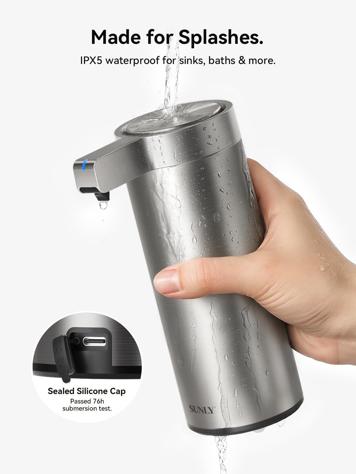 SUNLY IPX5 waterproof design emphasizes durable, splash-ready construction