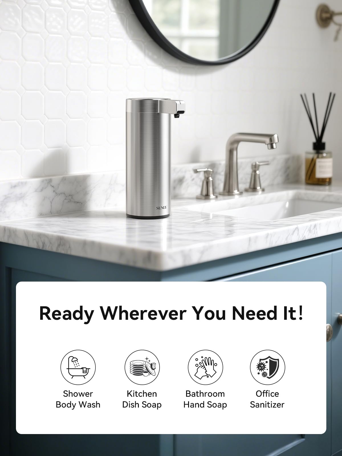SUNLY touchless dispenser in kitchen and bathroom setup for versatile use