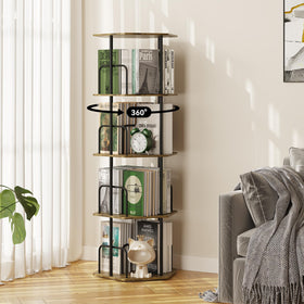 SUNMORY 4-tier rotating bookshelf shows 360-degree access for easy reach