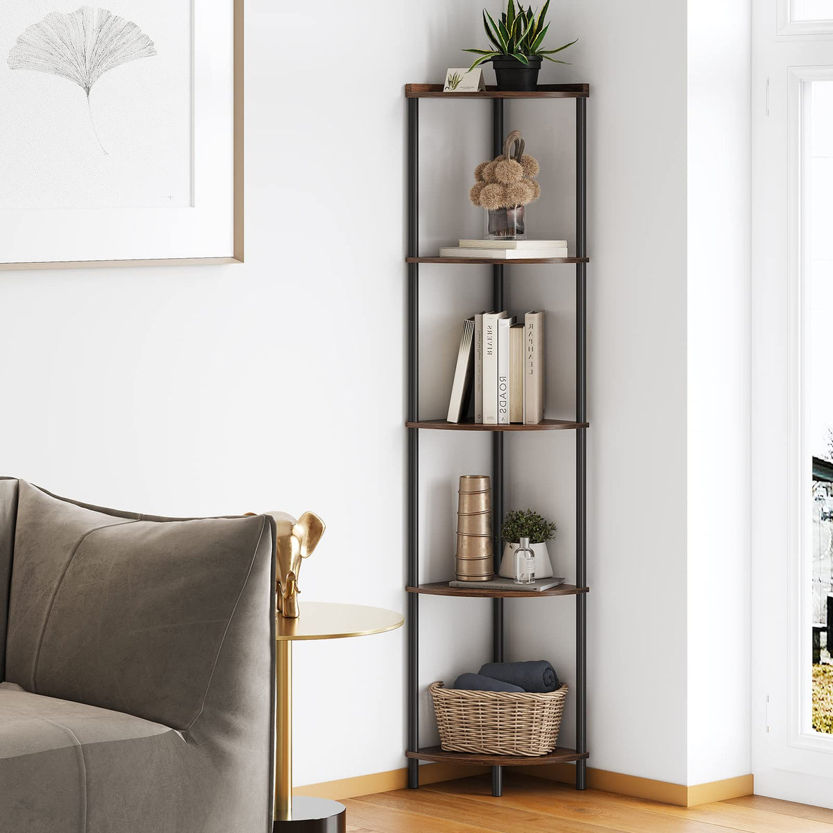 Sunmory 5-tier corner shelf stand in a living room showing compact storage