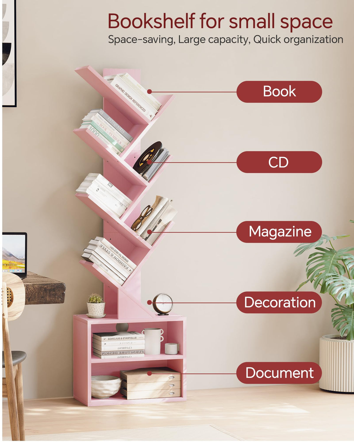 SUNMORY pink tree bookshelf branch design adds whimsical style