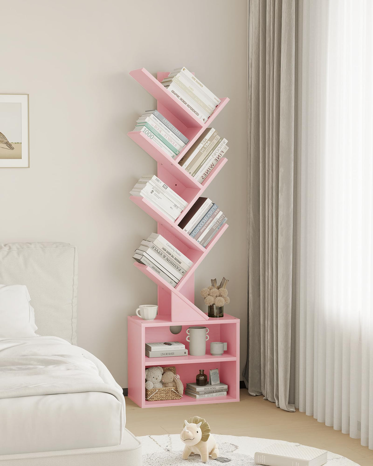 SUNMORY corner placement pink tree bookshelf fits tight nooks