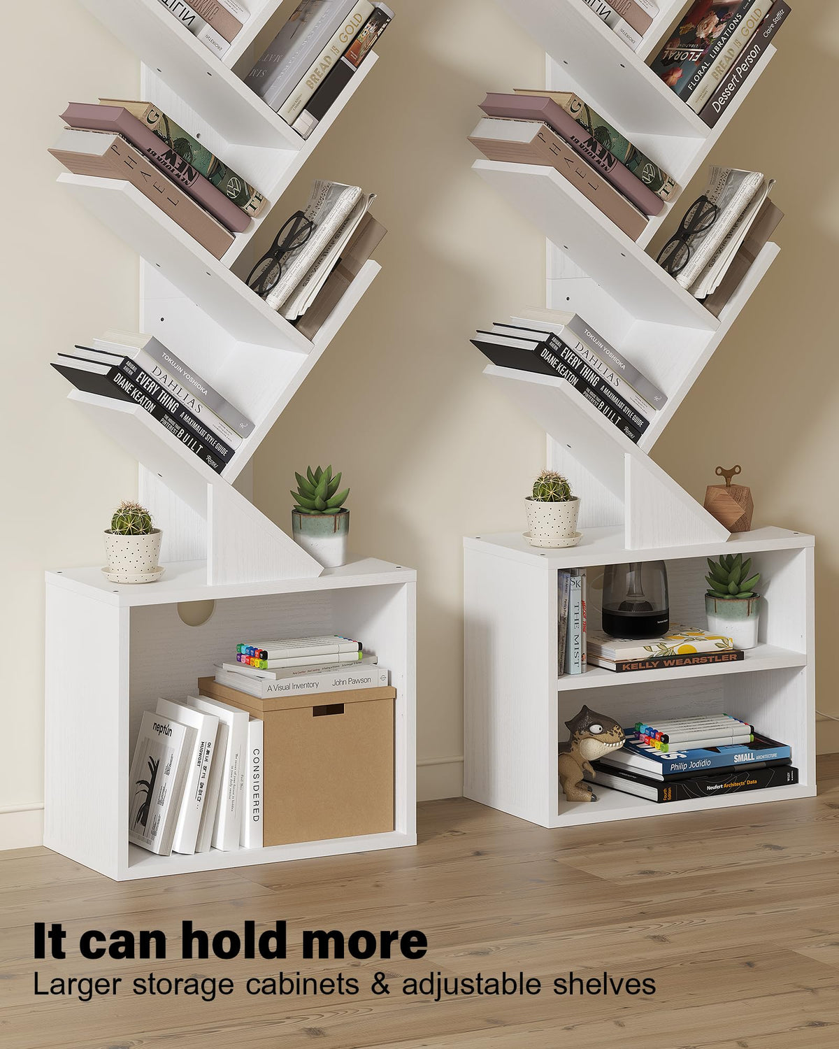SUNMORY 6-Tier Tree Bookshelf drawer storage reveals hidden space for belongings.