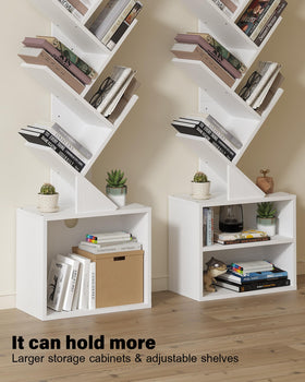 SUNMORY 6-Tier Tree Bookshelf drawer storage reveals hidden space for belongings.